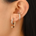 Close-up of minimalist silver bamboo cuff and gold J-shaped earring on model ear - Bamboo Hook Earring Set (0246) / 2-Piece Set / KC Gold + White K
