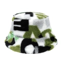 Winter plush bucket hat featuring a classic camouflage pattern in green and black - Green