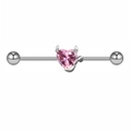 Silver industrial barbell featuring a pink heart-shaped devil design with wings - Silver Pink Zircon
