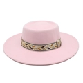 Detail of pink wide brim fedora hat with a colorful geometric patterned decorative band - M (56-58cm) / Pink