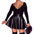 Women black long sleeve knit top and pleated PU leather mini skirt with boots - S / Bottoms / Black