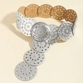 Cintura larga stile western vintage con dischi in metallo argentato e pelle marrone - Argento Argento Antico Stile B