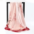 Pink satin silk square scarf with red borders and elegant floral ink print design - Winter Plum Snow Bud Red Edge (SD90-26-4)