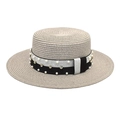 Detail of wide brim straw hat featuring pearl and rhinestone studded silver trim - Light Gray