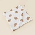 Detail of white cotton muslin baby washcloth with brown bear print and hanging loop - 23x23cm / Bear