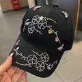 Black baseball cap with colorful rhinestone butterfly and floral patterns for women - Adult One Size (Adjustable) / Black