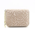 Elegant beige accordion card holder with embossed rose pattern and gold chain link - Light Khaki