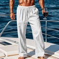 Men's white cotton linen trousers with drawstring waist on a yacht deck beach setting - S / White