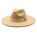 Detailed side view of khaki wool fedora hat with wide brim and matching grosgrain ribbon - M (56-58cm) / Camel