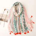 Soft voile scarf with floral stripes and orange fringe trim for sun protection - Pink White Stripe Patchwork (SL2108-022)