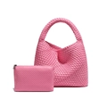 Pink woven leather hobo bag and matching pouch set with large capacity design - Ribbon Pink