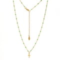 Detail of gold-plated stainless steel cross necklace with green beads and lobster clasp - Green
