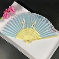 Bamboo folding fan with light blue silk, white crane and floral pattern in a gift box - Light Blue White Crane Floral Style (Women's Fan 86)