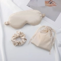 Champagne gold faux silk sleep set including eye mask, scrunchie and drawstring bag - Khaki