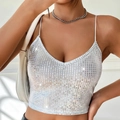 Close-up of sparkling silver sequin V-neck crop top with fine detail on sequins - S / Silver