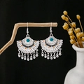 Vintage bohemian tribal silver earrings featuring colorful blue beads and metal tassels - Silver Blue Orange Tassel Fan(E4289-1)