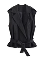 Detail view of black sleeveless vest with lapel collar, double-breasted buttons and waist belt - XS / Black