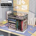 Large transparent book storage bag with grey trim and handles, size 38x24x32cm - Large / Transparent Grey