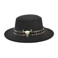 Flat top black wool fedora hat with ethnic band and vintage metal bull head accent - M (56-58cm) / Black