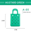 Mustard green EVA mini beach bag with hollow out holes and top handle, size 21x17cm - Dark Green