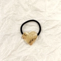 Black elastic hair tie with a textured gold heart-shaped metal pendant charm - Gold Heart Mesh Texture 3.5cm