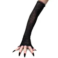 Long black spiderweb lace fingerless gloves with ruffled edges for Halloween costumes - Fingerless Style / Black