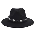 Close-up of black felt fedora hat featuring a vintage leather band with silver studs - Silver Smiley Rivet