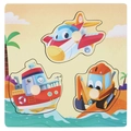 Wooden peg puzzle featuring colorful vehicles including airplane, ship, and excavator - Transport 3-in-1 Peg Puzzle