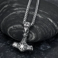 Vintage silver Mjolnir pendant necklace with Nordic runes on a natural stone background - Retro Silver Thor's Hammer Style (No Chain)