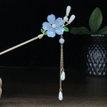 Traditionelle goldene Haarnadel mit hellblauer Blüte, Perlen und eleganten Quasten - Blaue Blume Künstliche Perle Quaste (0980)