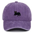Close-up of black cat embroidery on a vintage washed purple cotton baseball cap - Adjustable / Purple