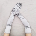 Close-up of silver long satin stretch gloves with elegant silk sheen for formal wear - One Size / Gray