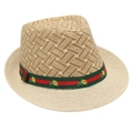 Dettaglio cappello di paglia con nastro a righe verde-rosso e ricamo floreale di rose - Taglia unica / Beige