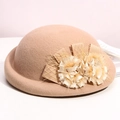 Elegant camel wool cloche hat with vintage mesh bow and floral accents for women - Light Camel