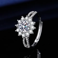 Silver sunflower moissanite ring with a round center stone and double-row diamond band - White Gold Ljz-219 / Adjustable Open