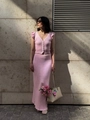 Pink knit two-piece set with V-neck short sleeve top and slim high-waist maxi skirt - S / Pink