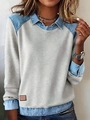Grauer Strickpullover für Damen mit Denim-Patchwork an Kragen und Ärmeln im Casual-Look - 3XL / Aprikosengrau