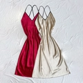 Elegantes conjuntos de camisón largo de satén en rojo y champán con tirantes cruzados - S / Rojo + Caqui