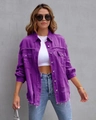 Detail of purple distressed denim jacket featuring frayed edges and vintage wash texture - S / Grape Purple