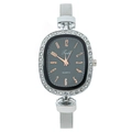 Elegant silver-toned women's quartz watch featuring rhinestone bezel and black dial - Black