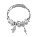Silver stainless steel charm bracelet featuring high heels, heart lock and crystal pendants - Silver