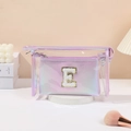 Iridescent PVC makeup bag set with gold glitter letter E patch and internal storage pouch - Purple [E]