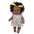 Detail of 12-inch African American girl doll with curly hair and pink flamingo dress - Colorful Flamingo Tie-Dye