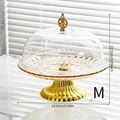 Detailed view of Medium size golden cake stand with patterned clear lid and dimensions - Amber (M)