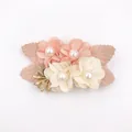 Pink and white fabric flower hair clip with pearls and golden berry accents - Style 12 (Pink Beige Gold Tri-Color)
