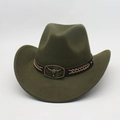 Detail of olive green wool felt cowboy hat with bronze bull head buckle and leather strap - One Size / Army Green