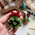 Handmade green velvet Christmas tree brooch with a red bow and gold bead details - Christmas Tree Brooch / Approximately 5.8cm In Height