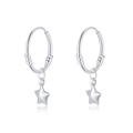 Detail of S999 silver hoop earrings with a delicate polished star pendant on white background - S999 Sterling Silver / Star Earrings