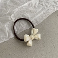 Chic beige pearlescent acrylic bow hair tie with brown elastic band for ponytails - Mermaid Color
