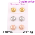 Set di 3 paia di orecchini a bottone da 10mm in acciaio inossidabile oro argento e oro rosa - 10mm (KE69231-LO)